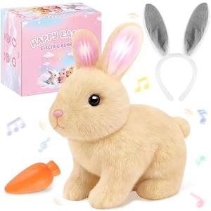 LAITYUM Realistic Bunny for Kids - Interactive Hopping Bunny Toy Set with Headband, Electric Lifelike Robot Rabbit that Move, Walking Barking and Wagging Tail Bunby Stuffed Animal with Sounds,Brown