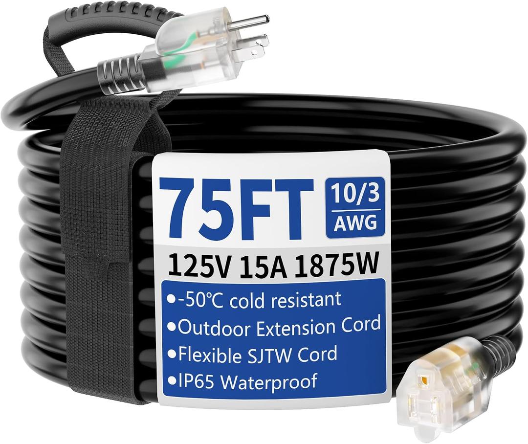 75ft Outdoor/Indoor Extension Cord with Lighted 10/3 Gauge Ultra 3 Prong Heavy Duty SJTW, Waterproof, Flexible Cold-Resistant,15A 125V 1875W, Black