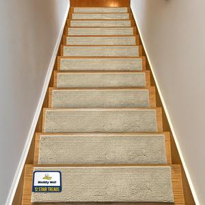 Muddy Mat Pack of 12 - Soft Chenille Stair Treads Non-Slip Reusable, Super Absorbent Stair Treads for Wooden Steps, Tile & Marble Floor, Easy to Install & Machine Washable - Beige 30'' x 7''