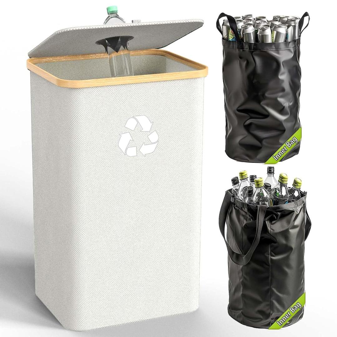 Recycling Bin for Kitchen Indoor Home,Beige Color Large 100L/ 26 Gallon Recycle Bin with Lid Removeable Reusable Inner Bag Bottle Can Glass Waste Plastice Stickers