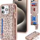 Cavor for iPhone 12 Pro Max/13 Pro Max Case with Card Holder,for iPhone 13 Pro Max Wallet Case for Women, PU Leather Zipper Pocket Protective Card Slots Phone Cover-Rose Gold Leopard