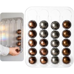 Wall Mount Coffee Pods Organizer for Nespresso Capsules Vertuo, Side Mount Holds up to 24 Capsules in 4 Rails, Clear Acrylic