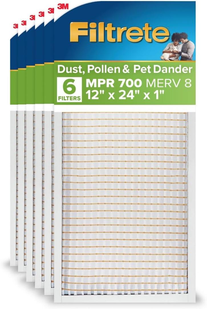 Filtrete 12x24x1 AC Furnace Air Filter, MPR 700, MERV 8, Tough on Pollen, Easy on Airflow, 3-Month Pleated 1-Inch Electrostatic Air Cleaning Filter, 6-Pack (Actual Size 11.69 x 23.69 x 0.81 in)