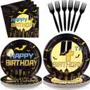 96Pcs Bat 4th Birthday Party Decorations Black Yellow Cartoon Bat Hero Paper Plates and Napkins Set Bats Fourth Birthday Decoration for Boys 4 Years Old Super Theme Hero Bats Party Supplies Serves 24
