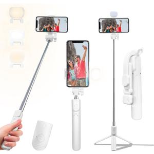 Selfie Stick Tripod, 40 in Retractable Tripod for iPhone with Wireless Remote Control & Light, Portable Phone tripods for Photograph, Live Streaming, Video Recording, Compatible with All Cellphones