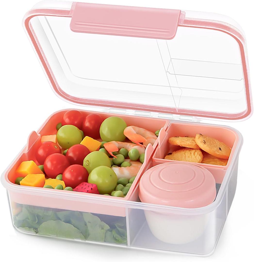 Finorder Light Pink Portable Bento Lunch Box with Handle, BPA Free Snack Food Container for Picnic Work, 43-oz Food Grade Lunch Bento Box with 5-oz Yogurt Cup