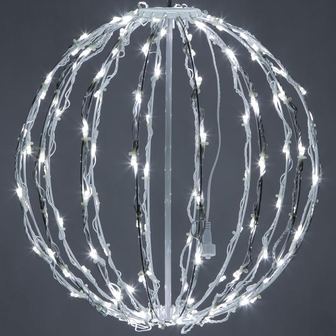 Wintergreen Lighting LED Light Ball  Indoor/Outdoor Christmas Light Balls, Light Spheres Outdoor/Sphere Light Fold Flat Metal Frame (16, White Frame/Cool White Lights)