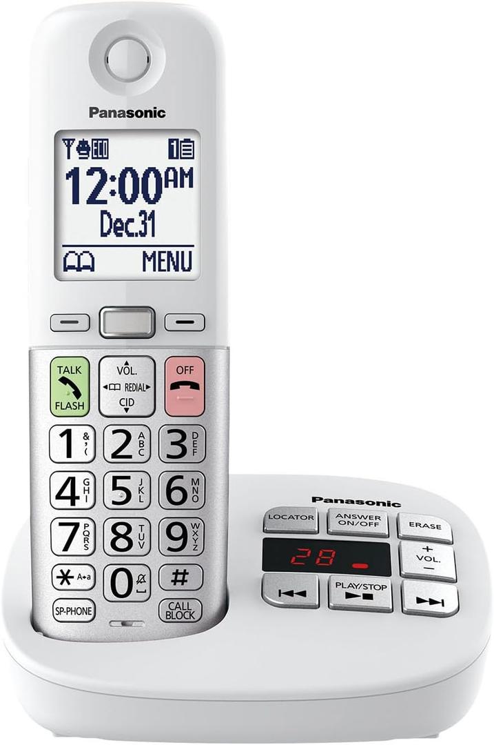 Panasonic Cordless Phone, Easy to Use with Large Display and Big Buttons, Flashing Favorites Key, Built in Flashlight, Call Block, Volume Boost, Talking Caller ID, 1 Cordless Handset - KX-TGU430W (White)