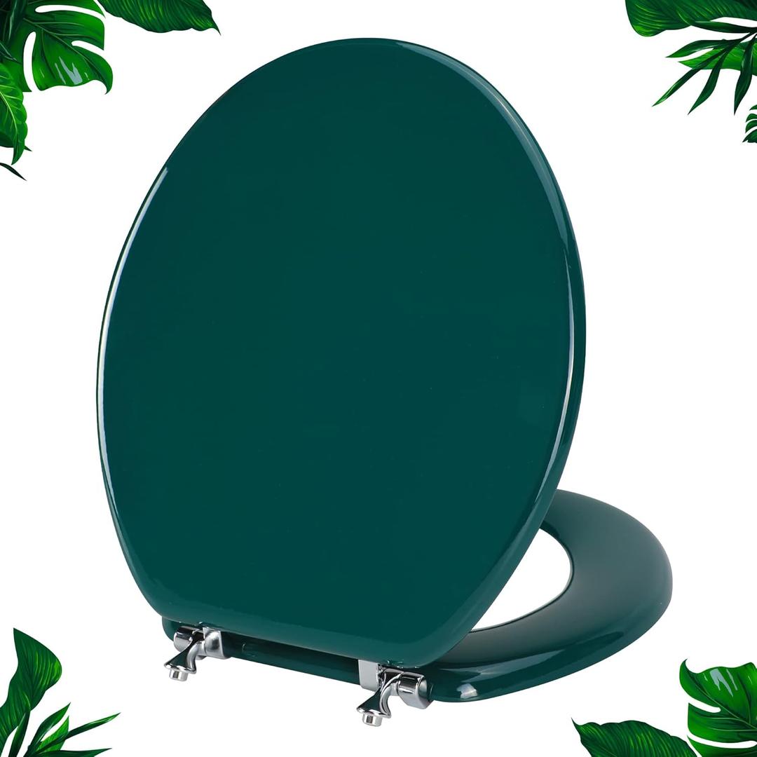 Dark Green Round Toilet Seat Natural Wood Toilet Seat with Zinc Alloy Hinges, Easy to Install also Easy to Clean, Scratch Resistant Toilet Seat by Angol Shiold (Round, Dark Green)