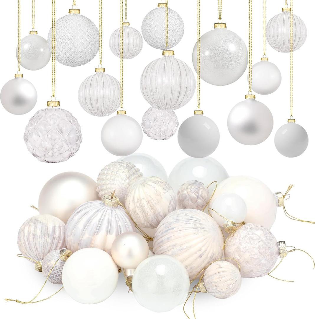 Liliful 24 Pcs White Glass Christmas Ball Ornaments Christmas Tree Decoration Hanging Ball Neutral Vintage Mercury Ornaments for Xmas Home Wedding Holiday Farmhouse Party Decor, 1.57, 2.36, 3.15 Inch