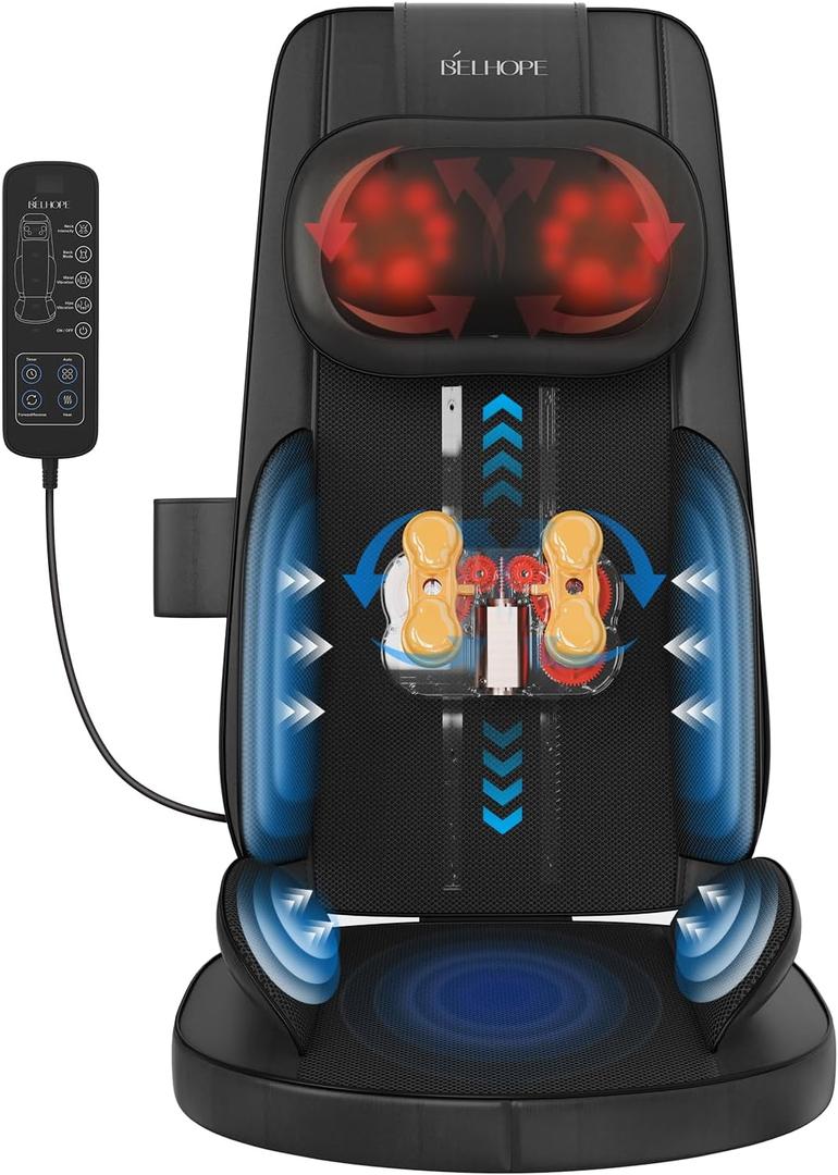 Belhope Shiatsu Neck and Back Massager with Heat, 4D Kneading Back Massager for Pain Relief Deep Tissue, Comfortable Back Massage for Chair, Massage Mat for Home Office, Gifts for Women Men Parents
