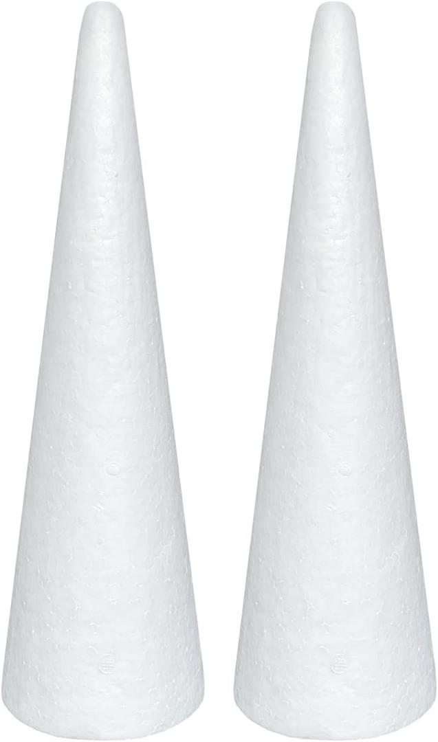 Crafjie Foam Cones for DIY Arts and Crafts (4.1 x 13.6 in, 2 Pack), White Polystyrene Christmas Tree Foam Cones Craft Supplies, for DIY Home Craft Project, Christmas Tree, Table Centerpiece