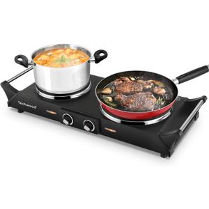 Techwood ES-3203 Hot Plate Electric Double Burner 1800W for Cooking with Adjustable Temperature & Stay Cool Handles, Black Stainless Steel, Compatible for All Cookwares