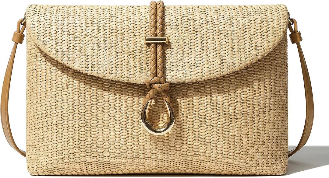 CHUNLI Woven Straw Clutch Bag for Women, Raffia Crossbody Handbag with Detachable Strap, Summer Beach Vacation Boho Purse