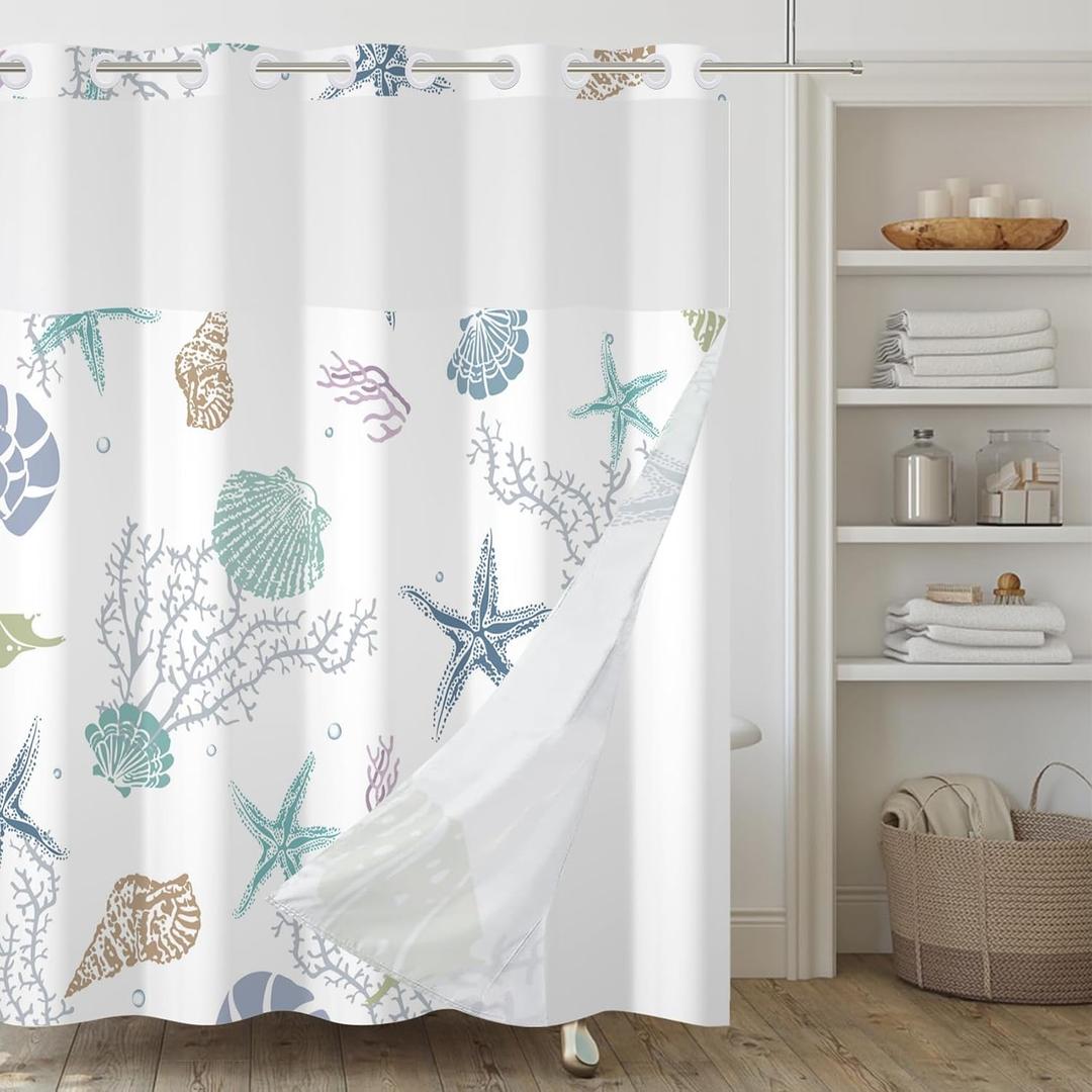 No Hook Shower Curtain,Ocean Theme Double-Layered Shower Curtain with Snap-in Liner and Weights,Starfish Coral Nautical Coastal Fabric Bath Curtain with See Through Mesh, 71x74in