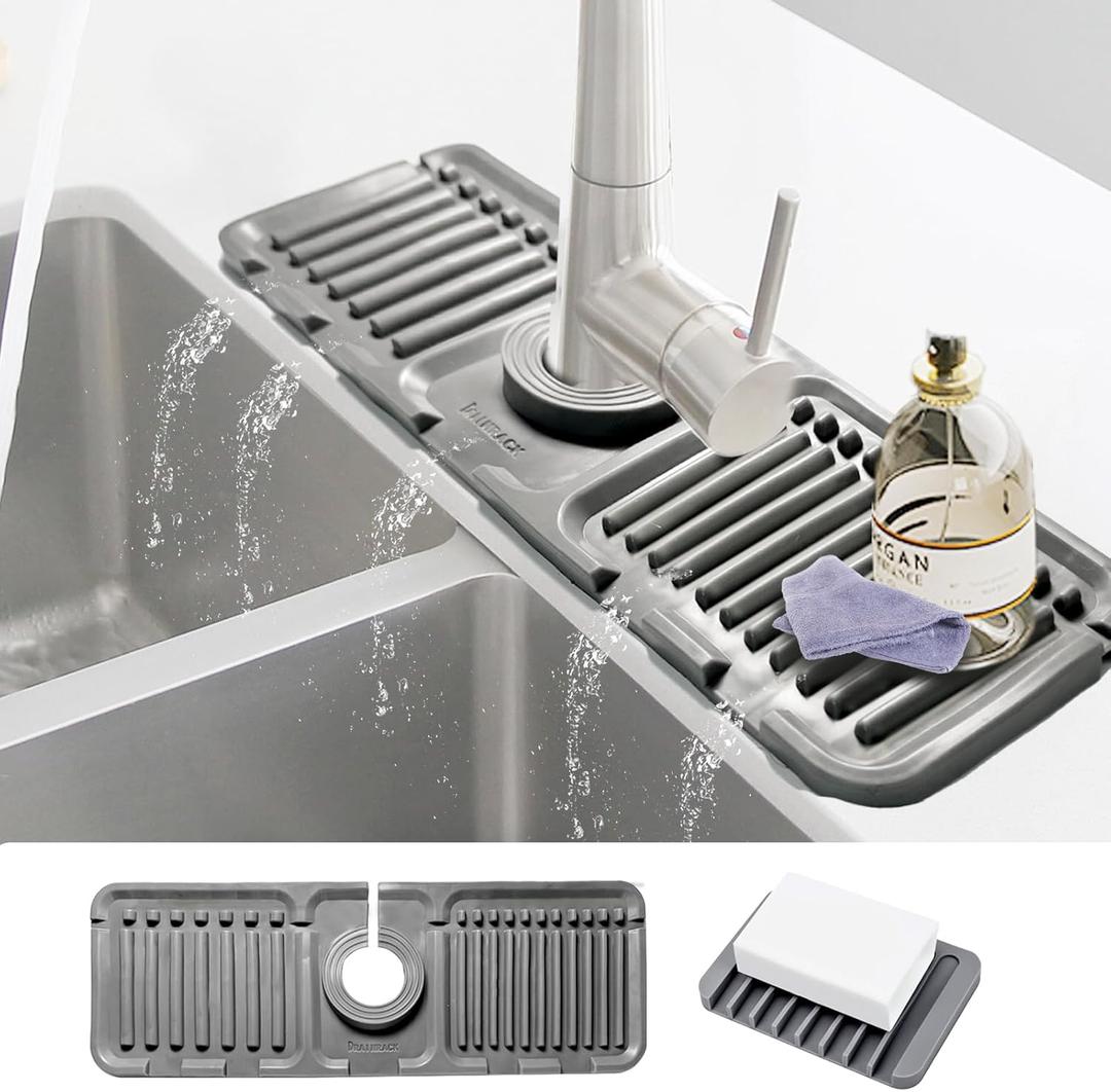 Daily Treasures 2Pack 13"x4.7" Silicone Faucet Splash Guard & Soap Dish, 5 Large Slope Sink Splash Guard, Kitchen Sink Splash Guard Sink Faucet Mat for Bashroom Kitchen Sink (Grew)
