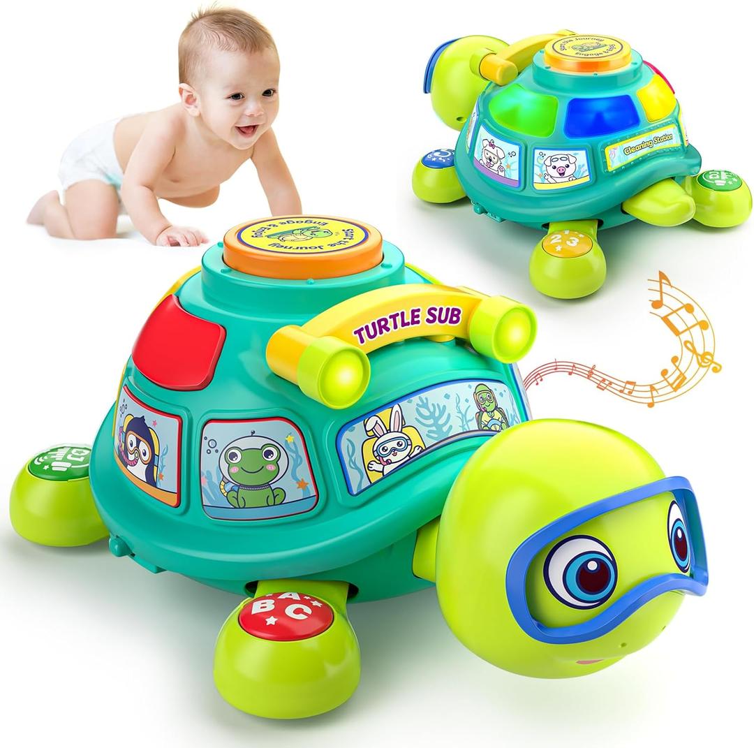 Musical Turtle Baby Toys 6-12 Months, Bilingual Educational Crawling Toys 7 8 9 10 Months, Light up Infants Tummy Toy with Sound, Number, Letters, Gifts Present for Baby 4 5 6 12 Month (Green)