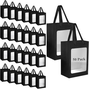 50PCS Black Gift Bags with Window Black Kraft Paper Gift Bags with Transparent Window 9.8x7x5 inch Transparent Window Bags with Handles for Christmas Birthdays Festivals Party Weddings Wrapping
