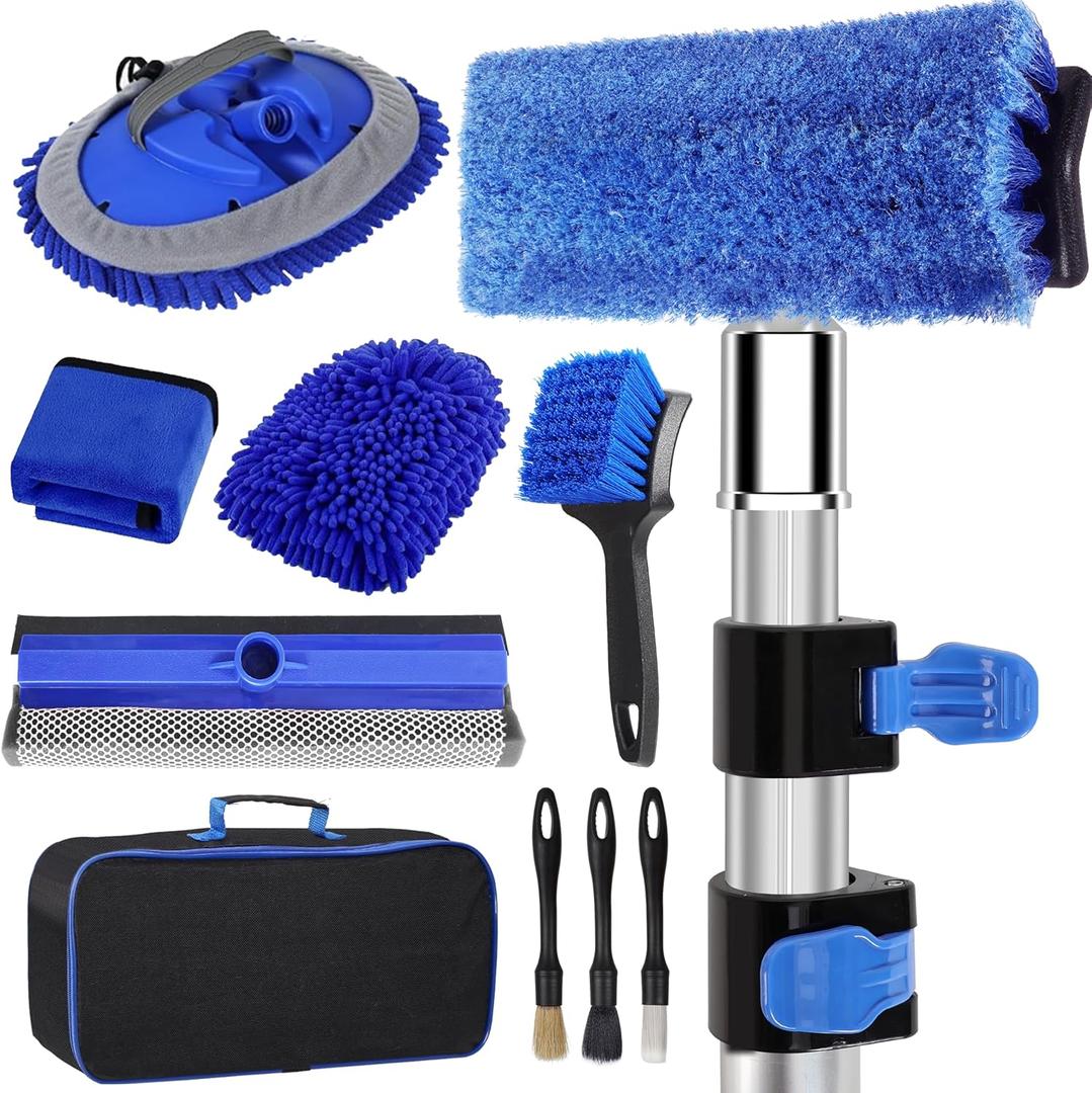 5-12ft Car Wash Kit,11 Piece,Thickened Aluminum Telescopic Rod,Cleaning Brush,Tire Brush,Window Scraper,Glove,180  Chenille Mop,Fiber Towel,Storage Bag,3-Piece Detail Brush,Car,RV,Truck Clean Kit