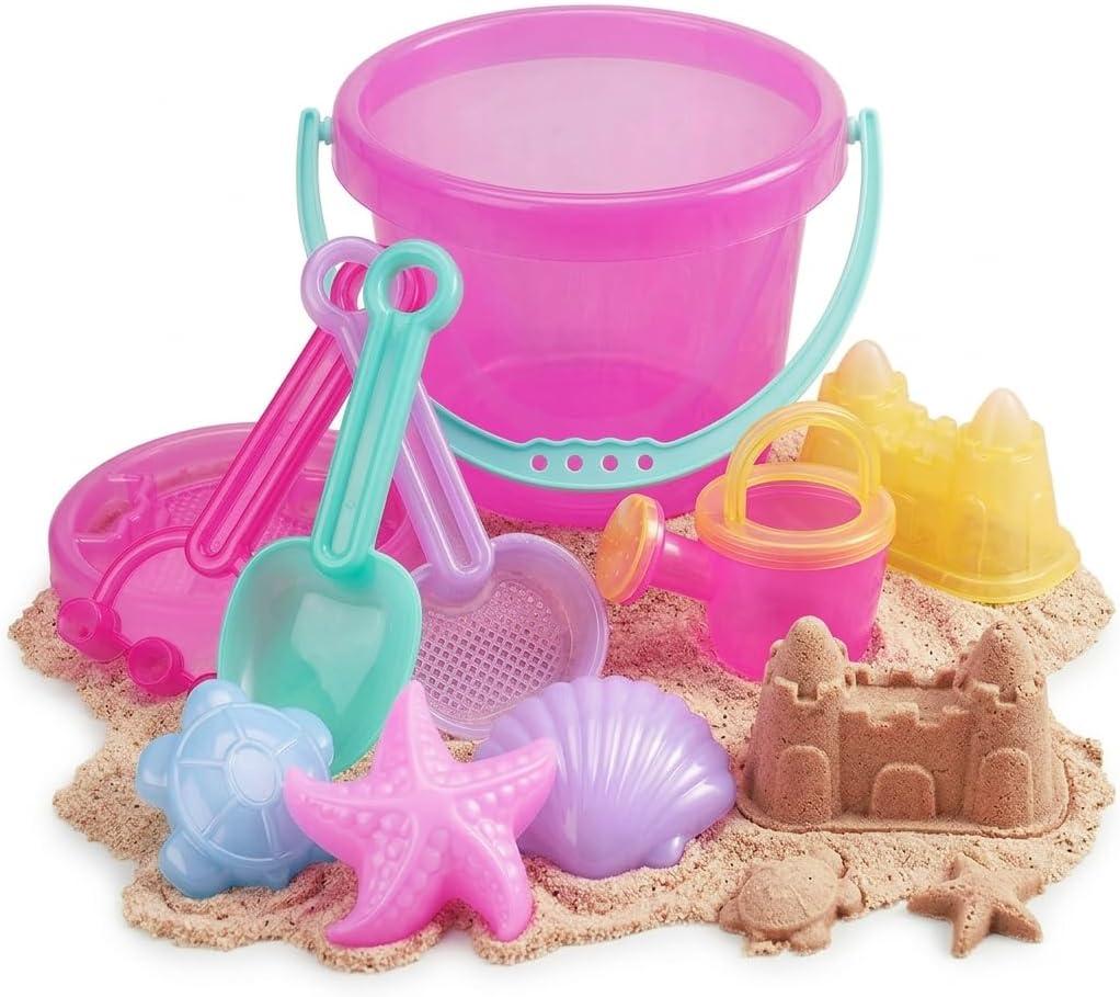 LotFancy 10PCS Sand Toys for Toddlers 1-3 3-5, Pink Beach Toys Set for Girls 18M+, Translucent Sand Castle Molds, Bucket, Sifter, Shovels & Watering Can, Durable Sandbox Toys for Kids