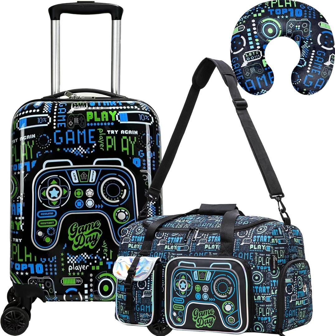 Kids Luggage Set 3 Piece Suitcase Set 16 Hardside Luggage with Spinner Wheels Girls Boys Carry on Toddler Travel Rolling Suitcase Airline Approved (Game)