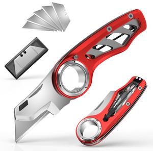 Folding Utility Knife Pocket Knife, Heavy-Duty Box Cutter with Anti Slip Finger Loop, Quick Change Blade Razor Knife, Box Cutters for Home, Office, Warehouse, Durable Razor Knife, Box Knife (Red)