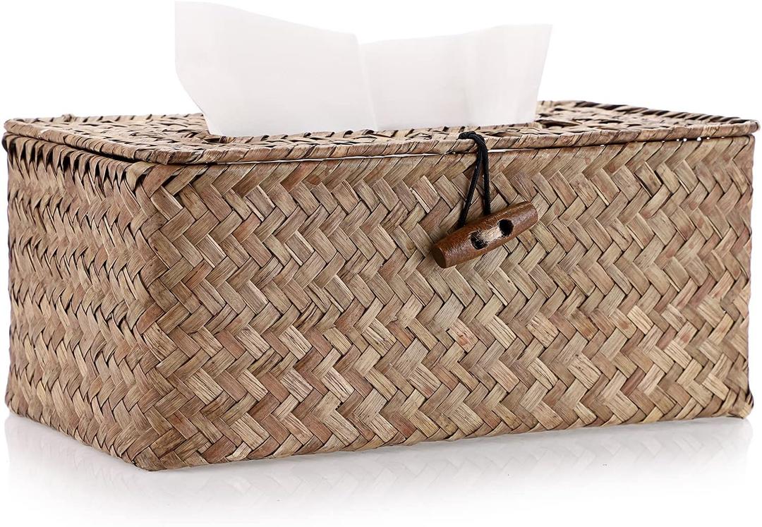 Sumnacon Tissue Box Cover Rectangle Tissue Box Seagrass Tissue Box Holder Woven Tissue Holder Decorative Tissue Cover for Bathroom Tissue Box Cover Rectangular for Home Office Table Coffee (Medium)