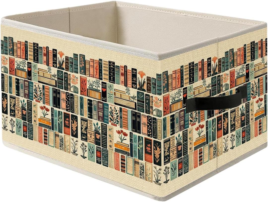Vintage Book Lovers Storage Bin Box with Handles, Retro Bookish Foldable Organizer Basket Toybox for Reading Corner Room Library Bedroom Bathroom Home Clothes Toys Books (color-19)