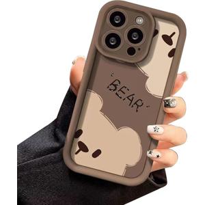 Jusy Compatible with iPhone 15 Pro Case, Cute Bear Pattern Soft Gel Rubber TPU Case, Full Camera Protection & Edge Lips Strengthen Shockproof Cover for Women Men, Brown