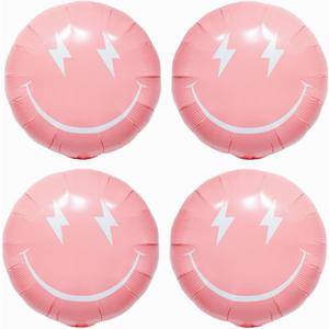 4PCS Pink Smile Face Balloons 23 Inch/Pink Preppy Themed Party Decor/Preppy Y2k Hot Pink Party Balloons Smile Face Lightning Supplies for Teen Hippie Girls Bachelorette Early 2000s Theme