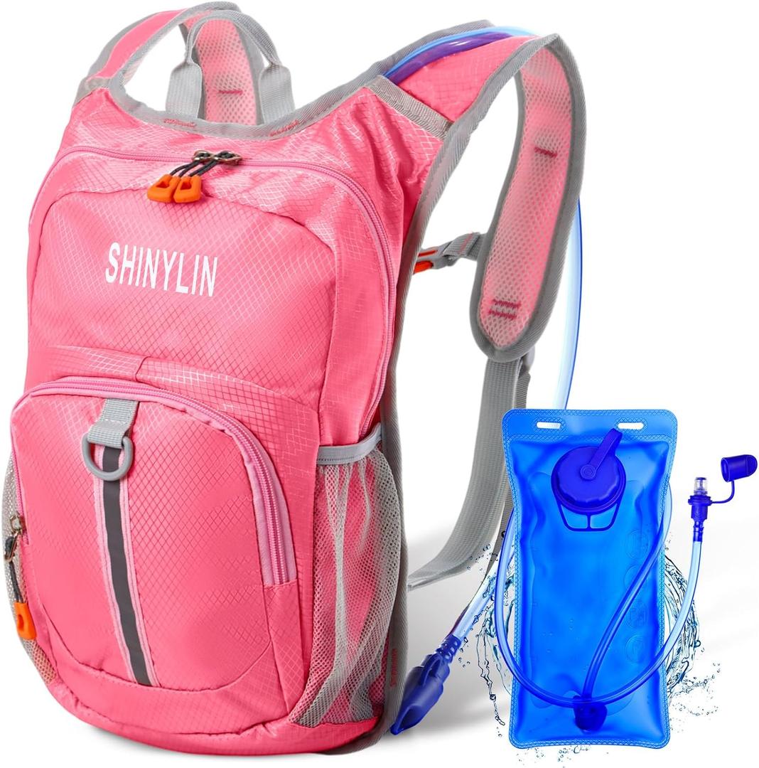 Kids Hydration Backpack with 1.5L Water Bladder Hiking Backpack Lightweight for Boys or Girls Children Biking Climbing Running Cycling (Pink)