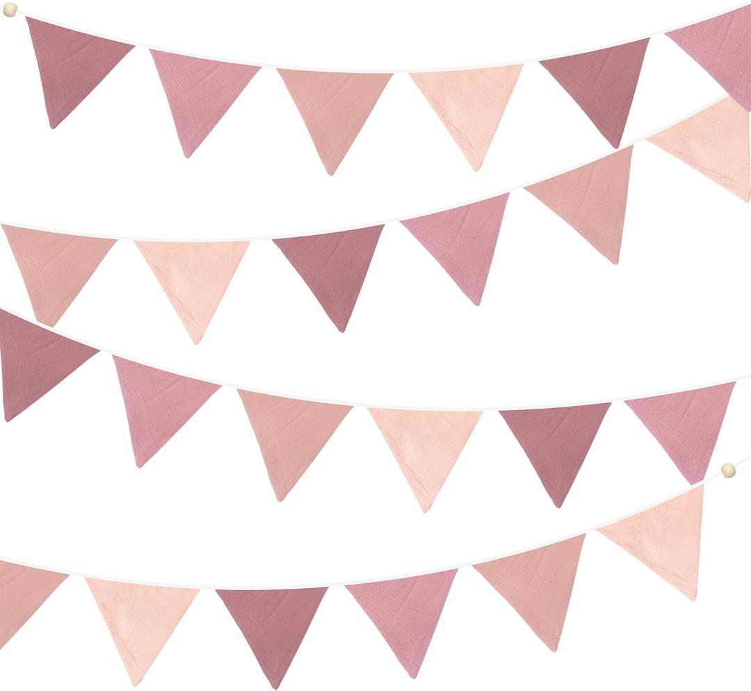 2 x 2 Sets of Dusty Pink Pennant Banner Flags Nursery Garland 24Pcs Blush Pink Linen Fabric Triangle Streamers for Kids Girls Birthday Boho Baby Bridal Shower Wedding Party Decorations Baby Bedroom Decor