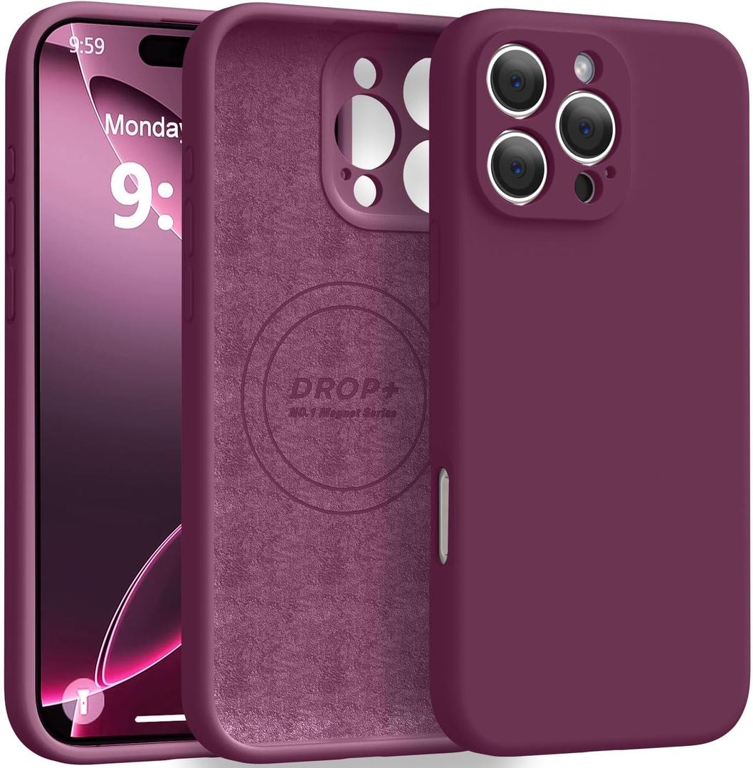 Magnetic for iPhone 16 Pro Case [Compatible with Magsafe] [Premium Silicone Satin-Smooth Touch] Slim Shockproof Anti-Scratch Microfiber Lining Case, 6.3 inch, WineRed
