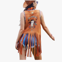 Women Tassel Sleeveless Rhinestone Cowgirl Vest 70s Hippie Faux Suede Fringe Jacket XL