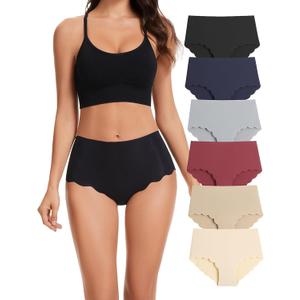 Caterlove Women's High Waisted Seamless Underwear No Show Wave Edge Bikini Panties Full Coverage Hipster 6 Pack (Medium)