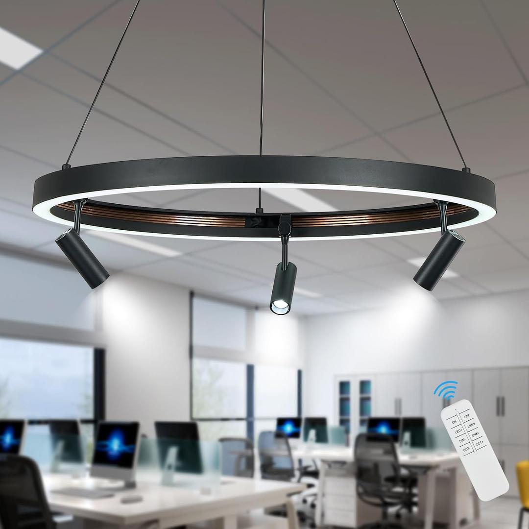 Modern Track Light Kit with 23.6" LED Ring Chandeliers Remote Control Track Lighting Spotlights with Adjustable Light Heads
