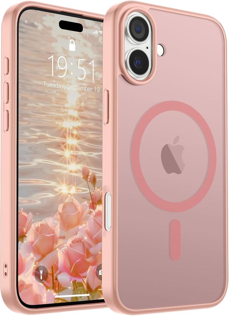 SUPFINE Magnetic for iPhone 16 Case (Compatible with MagSafe) (Military Grade Drop Protection) Slim Translucent Matte Shockproof with Anti-Fingerprint Phone Case,Pink