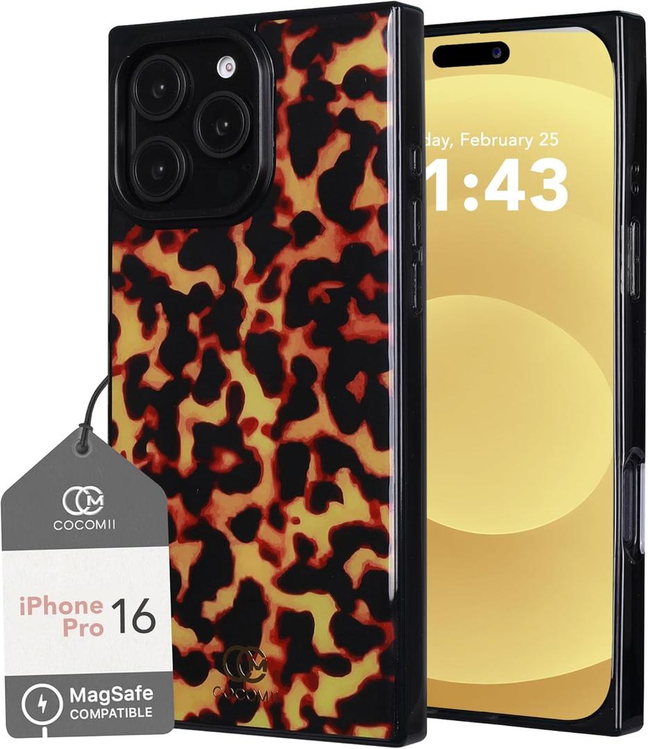 Cocomii - Rectangle Case Compatible with iPhone 16 Pro - Compatible with MagSafe, Tortoiseshell Pattern, Animal Print, Glossy, Magnetic Phone Case for iPhone 16 Pro 6.3 inch, Black/Amber