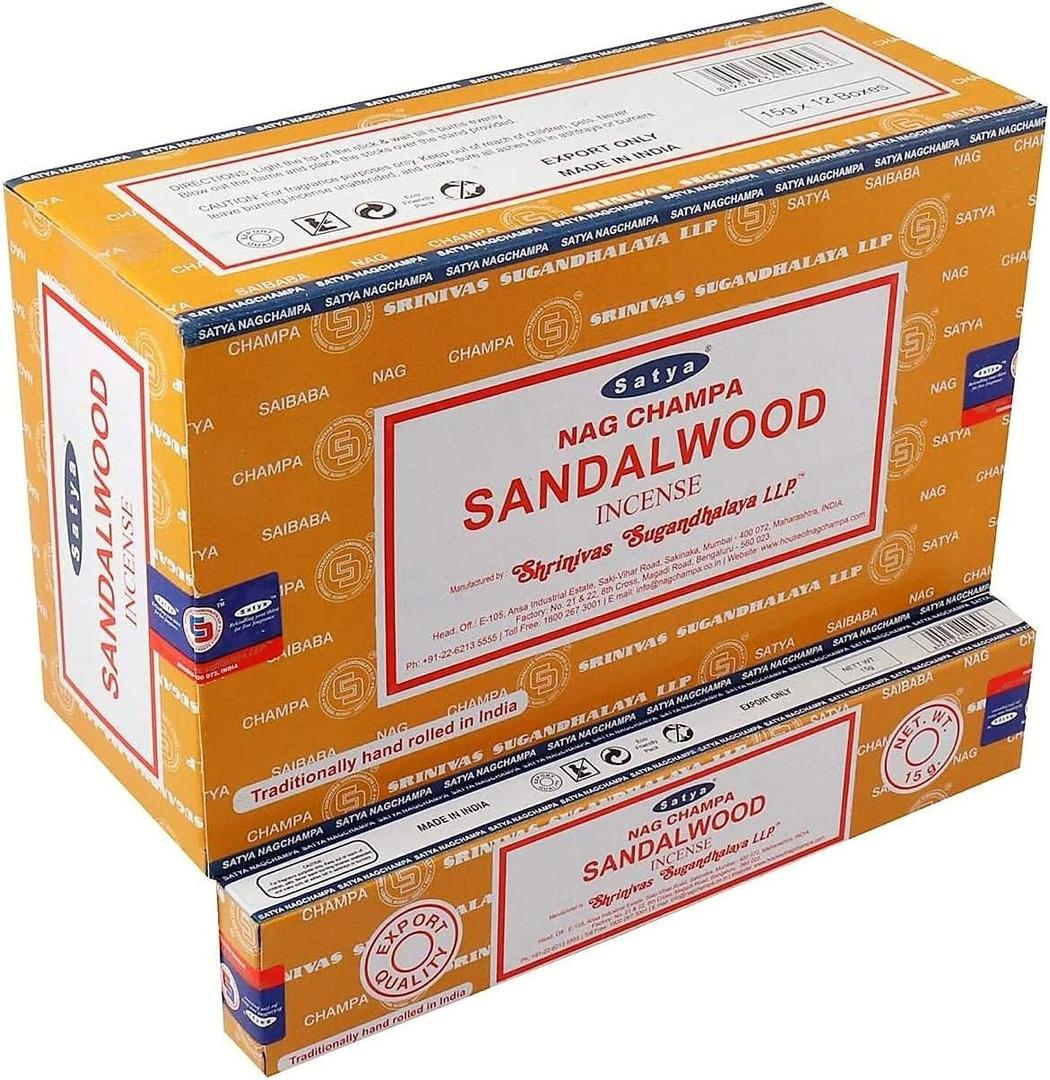 Satya Sandalwood Incense Sticks  12 Box Value Pack  Hand-Rolled in India  Calming & Earthy Aroma