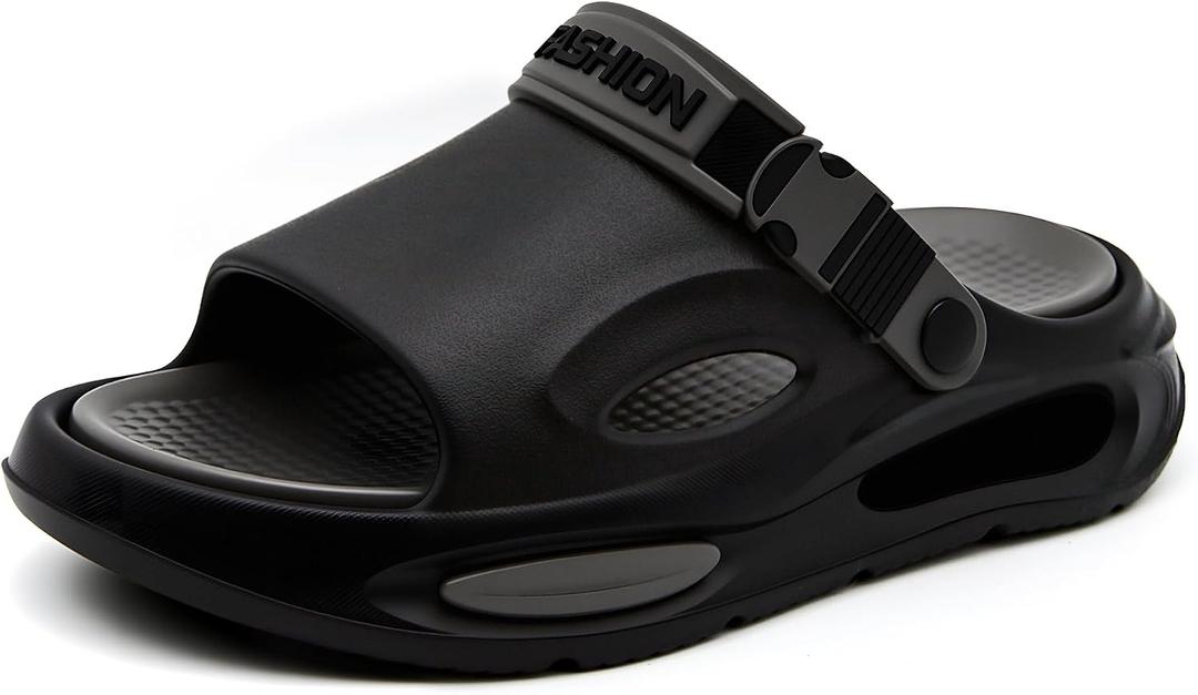 Jerzmy Cushioned Slides Mens Sandals, Ultra Comfy Men Slippers, Arch Support Man Sport Sandal with Back Strap Open Toe Shoes for Indoor Outdoor Beach Garden Travel, Black Size 10-11