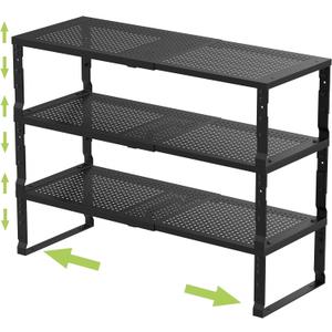 Expandable Adjustable Stackable Kitchen Organizer, Spice Rack,Metal Pantry Storage Shelves Racks,Counter Shelf for Cabinets, Countertop, Cupboard (3 Packs/Large/Black) (10.24"D x 16.6"~26.5"W x 6.1"/7.5"H)