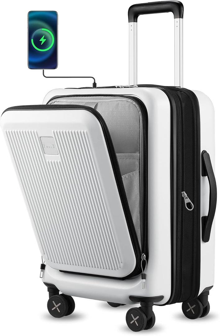 Carry on Luggage 22x14x9 Airline Approved, LTB PC Hard Shell Suitcase with Front Pocket, Expandable Luggage with USB Port (FX-Lite, White, 20 Inch, 37L-42L)