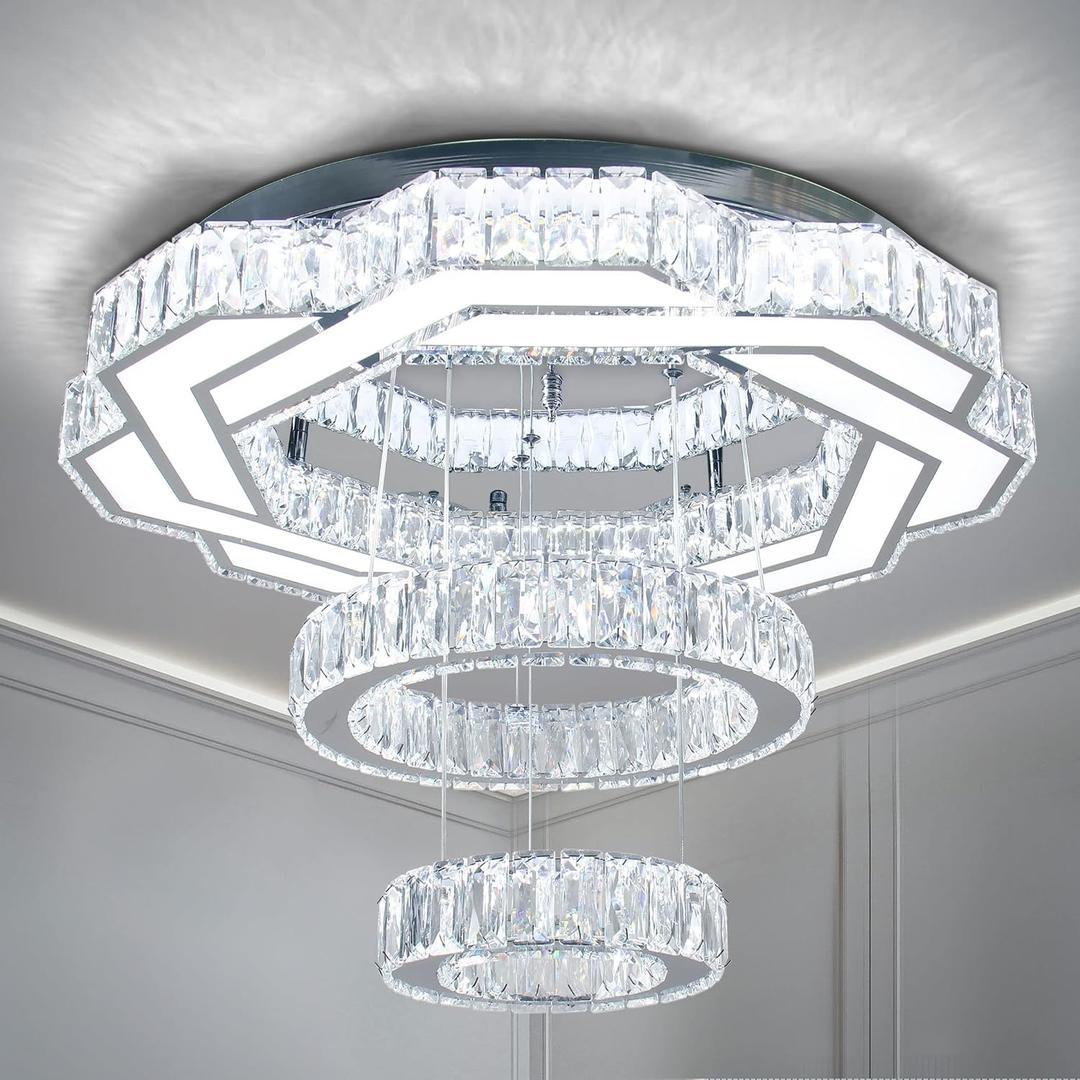 22.5" Crystal Chandeliers Living Room Modern Chandelier Crystal Ceiling Light LED 2 Rings Pendant Light Flush Mount Chandelier for Bedroom Dining Room Entryway (Cool White), Large