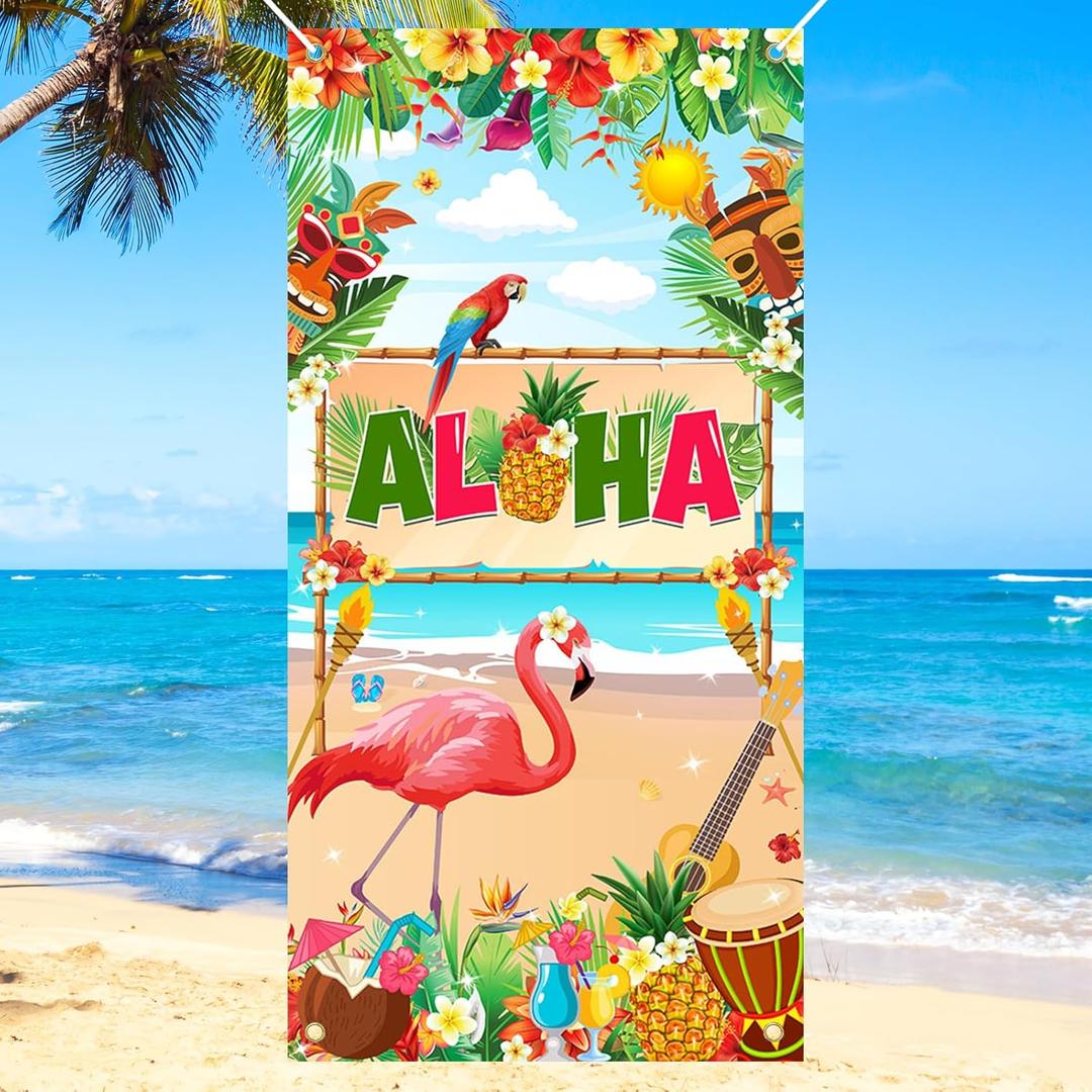 Avezano Aloha Door Banner Hawaiian Luau Party Banner Tropical Flamingo Photo Props Aloha Luau Party Supplies Summer Hawaiian Beach Party Decorations