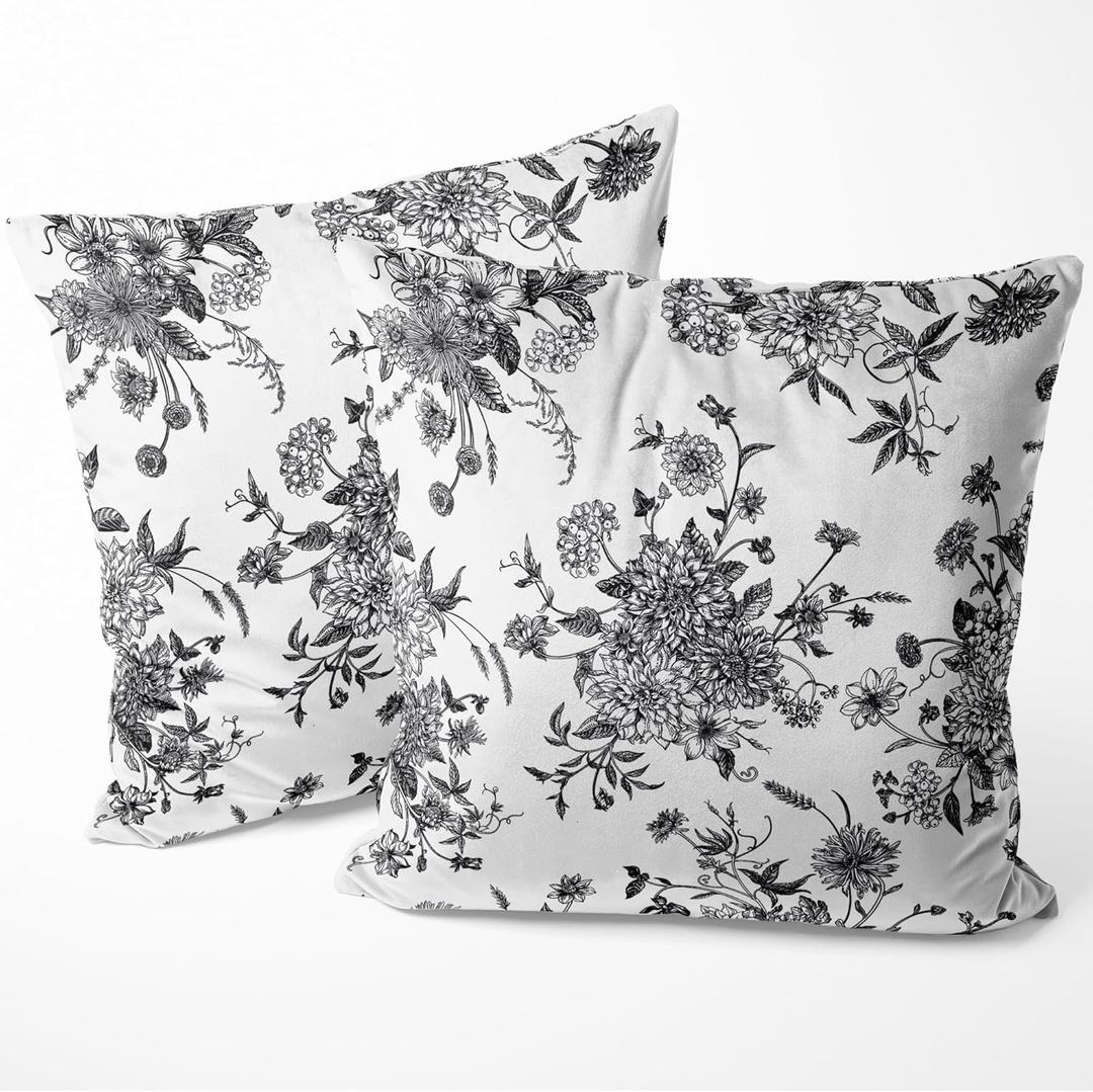 Yobvec Black and White Floral Pillow Covers Home Bedroom Decor, Chinoiserie Throw Pillowcase Cushion Cover for Bed Sofa Couch, 2 Sets, for 18x18 Inch