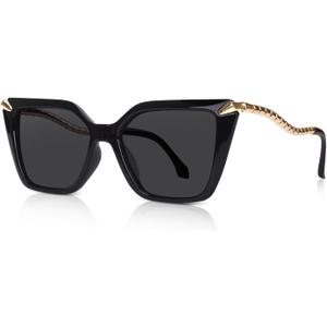 DrRelax Big Square Sunglasses Womens Retro Polarized Sun Glasses with Metal UV 400 Protection (Black/ Grey)