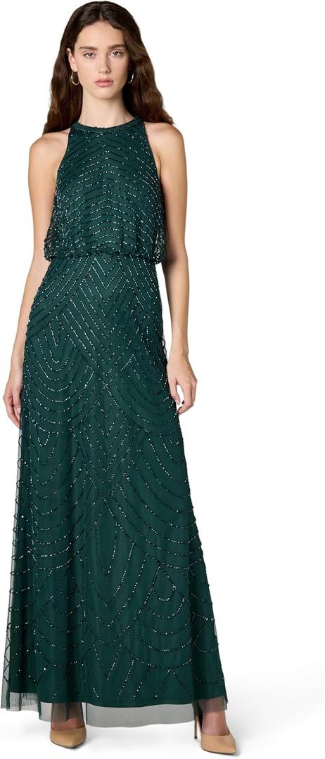 Adrianna Papell Womens Halter Blouson Beaded Gown (Green, US 8)