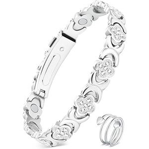 Feraco Pure Copper Bracelets & Rings for Women, Ultra Strength Magnetic Bracelet for Women with Neodymium Magnets & Sparkling Cubic Zirconia, Adjustable, Infinite Clover Jewelry, Silver