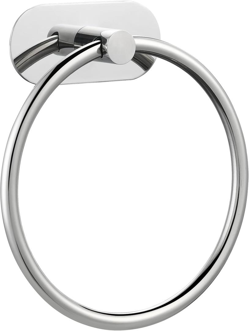 Self-Adhesive Towel Ring for Bathroom, No Drilling Stainless Steel Rustproof Hand Towel Holder, Wall Mounted Bathroom & Kitchen Towel Hanger with Strong Adhesive, Modern Bath Organizer Chrome (1 Pack)