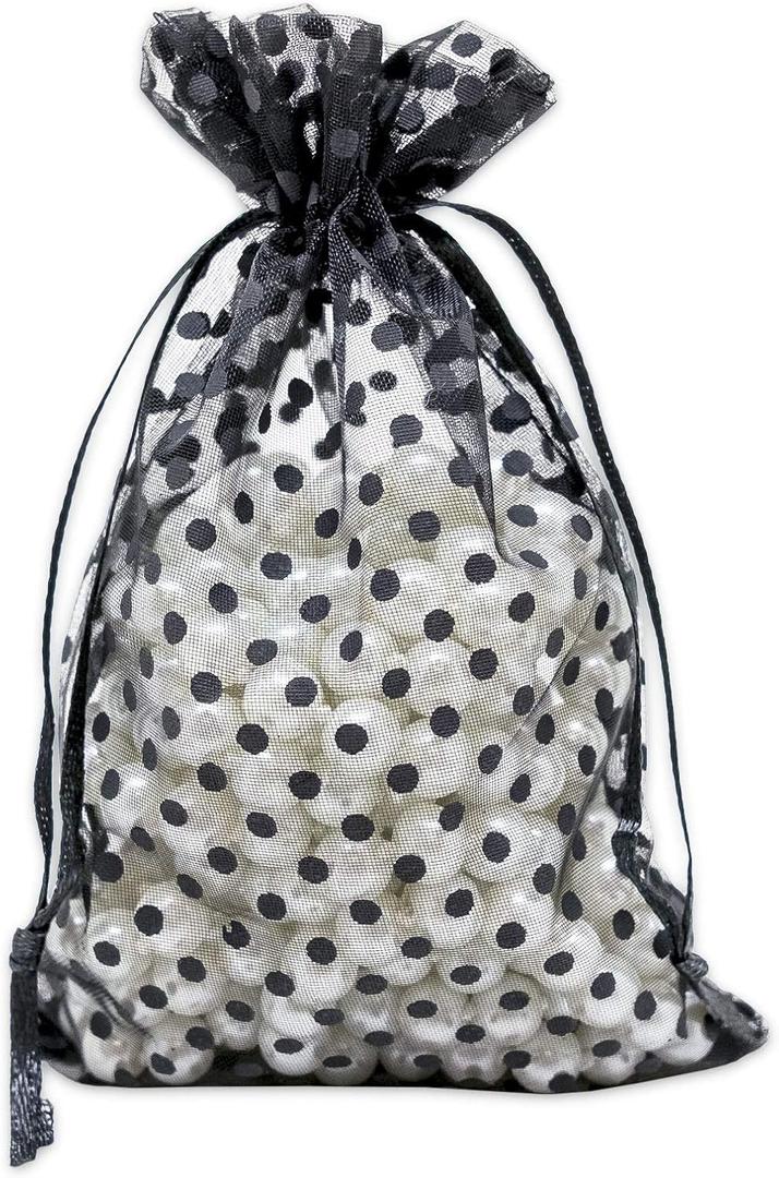 100-Pack 4x6 in Sheer Organza Gift Bags with Drawstring (Medium) - Polka Dot (Black/Black) - for Wedding Party Favors, Treats Mesh Pouch by The Display Guys